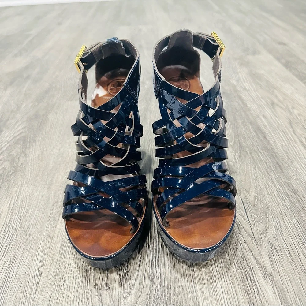 Tory Burch Blue and Brown Wedge Sandals with Stylish Straps